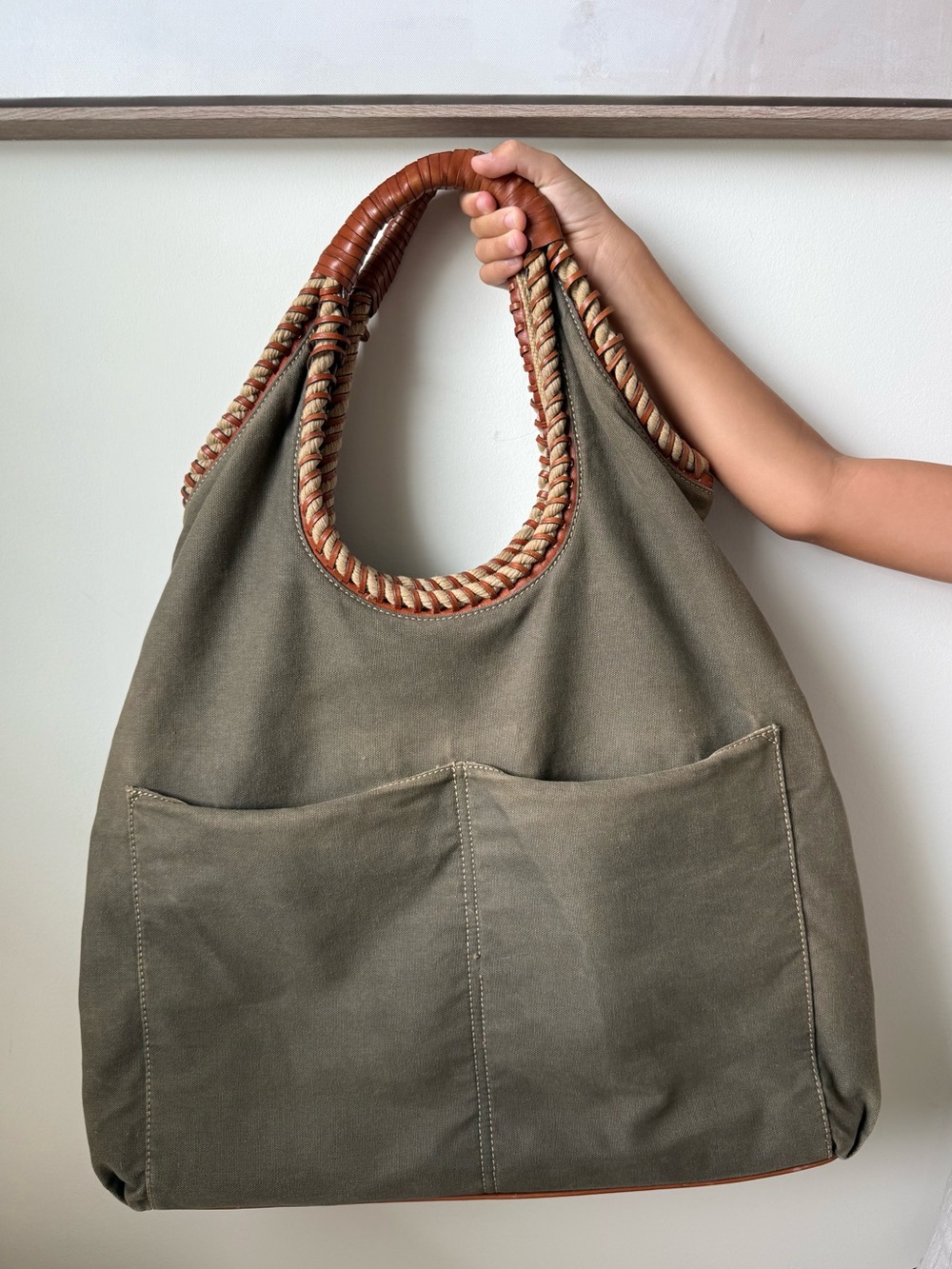 Cole Haan Oversized Hobo Bag Grey Olive Canvas Braided Woven Leather Handle Tote